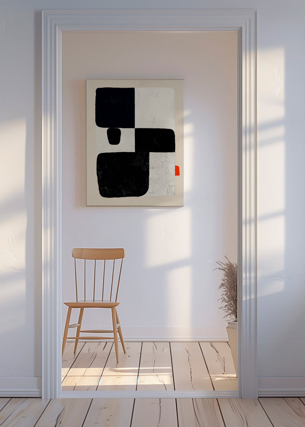 Cuadro geométrico con bloques negros y acento rojo – Canvas