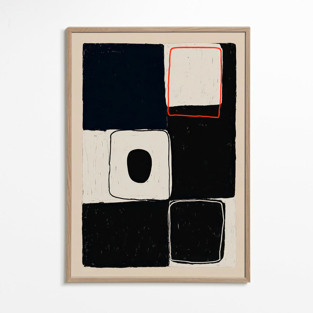 Cuadro geométrico con bloques y trazo rojo – Oak Frame
