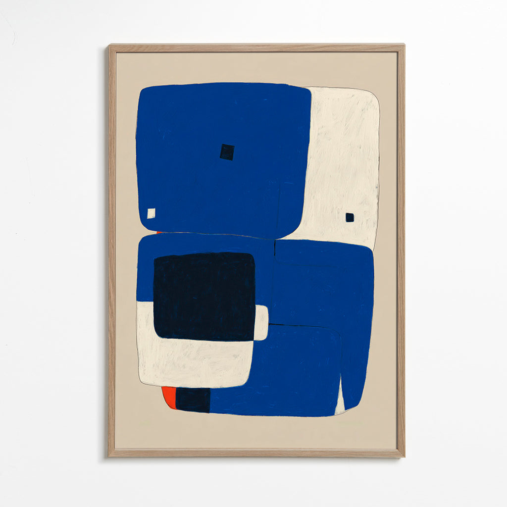 Cuadro abstracto azul con bloques orgánicos – Oak Frame