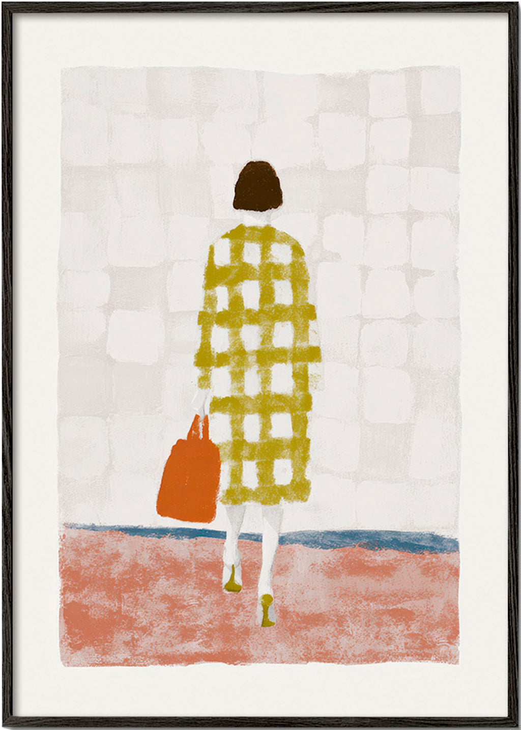 Ilustración de mujer de espaldas con abrigo a cuadros – Black Frame