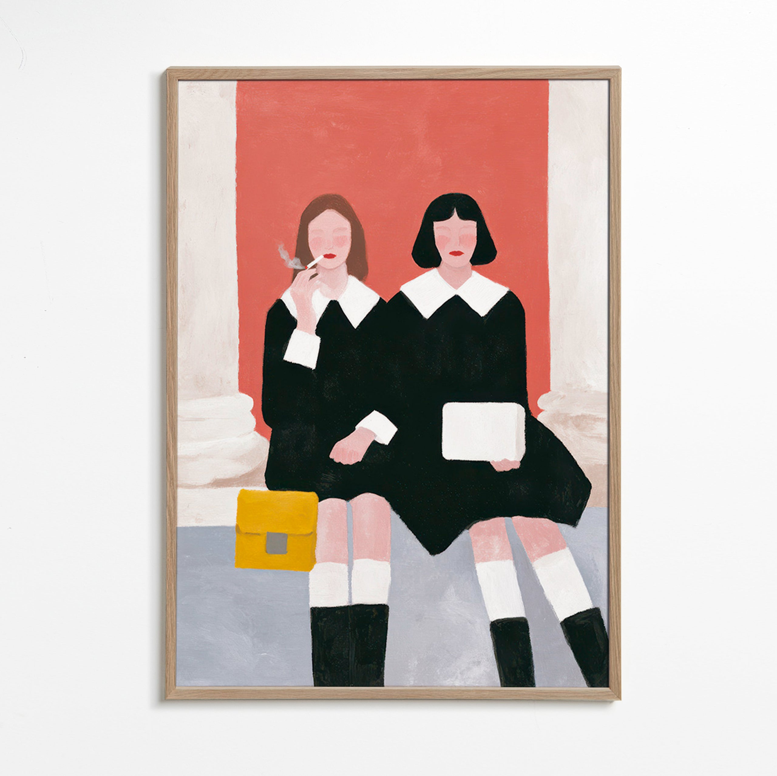 Ilustración de dos figuras sentadas estilo retro – Oak Frame