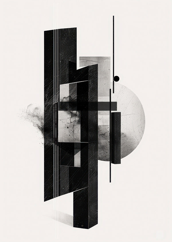 Cuadro en blanco y negro con monolitos geométricos