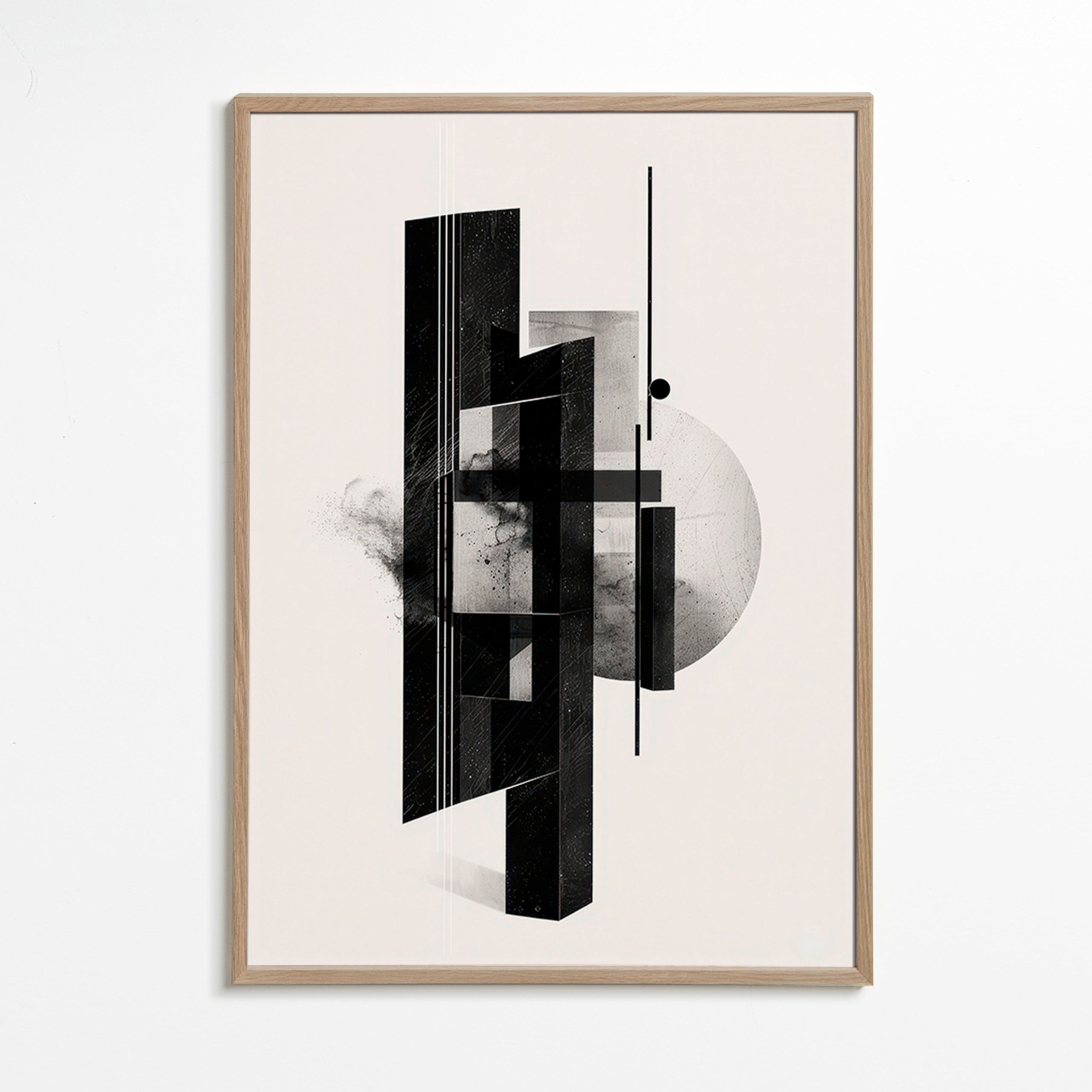 Cuadro en blanco y negro con monolitos geométricos – Oak Frame