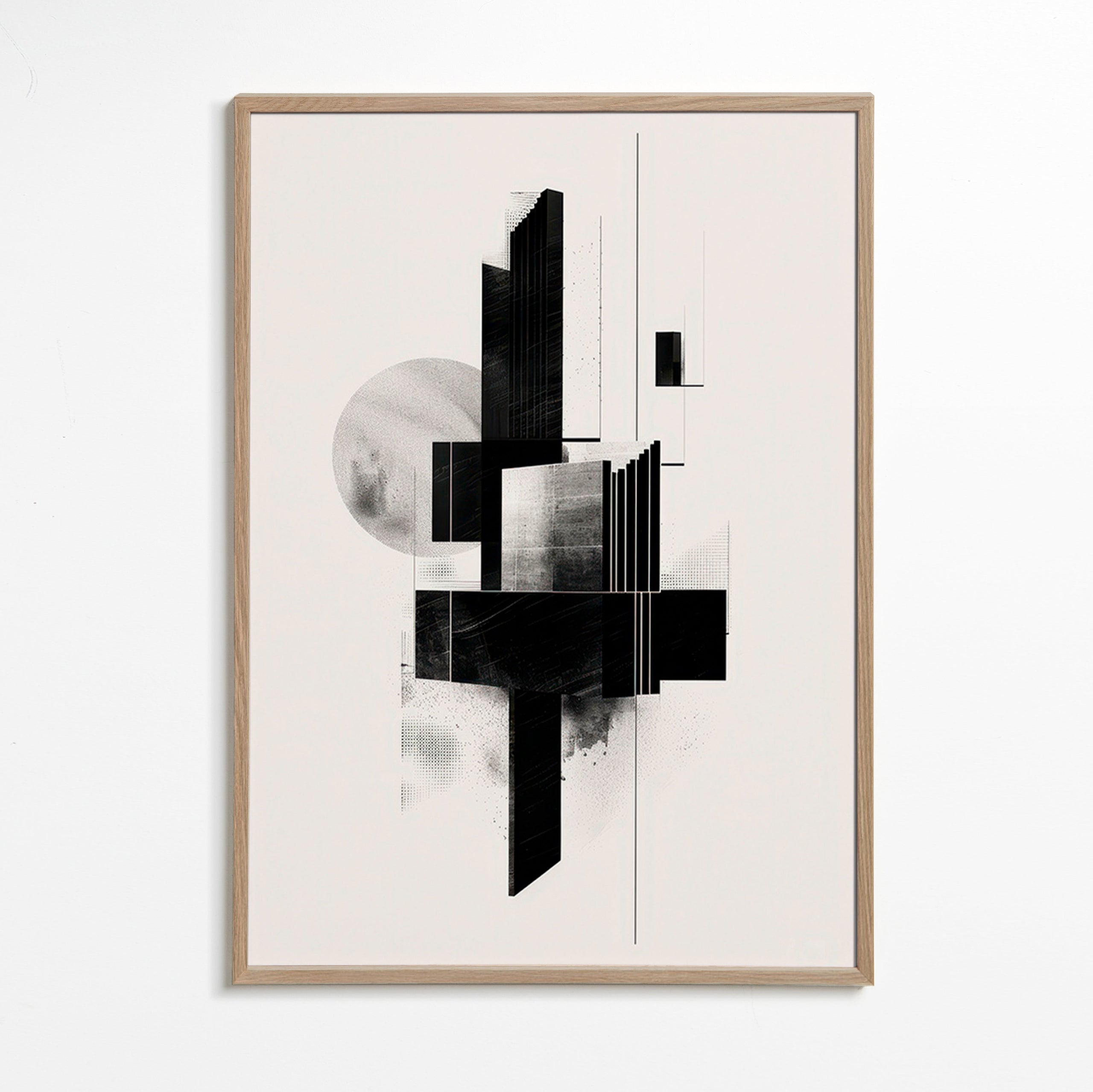 Cuadro geométrico en blanco y negro con formas arquitectónicas – Oak Frame