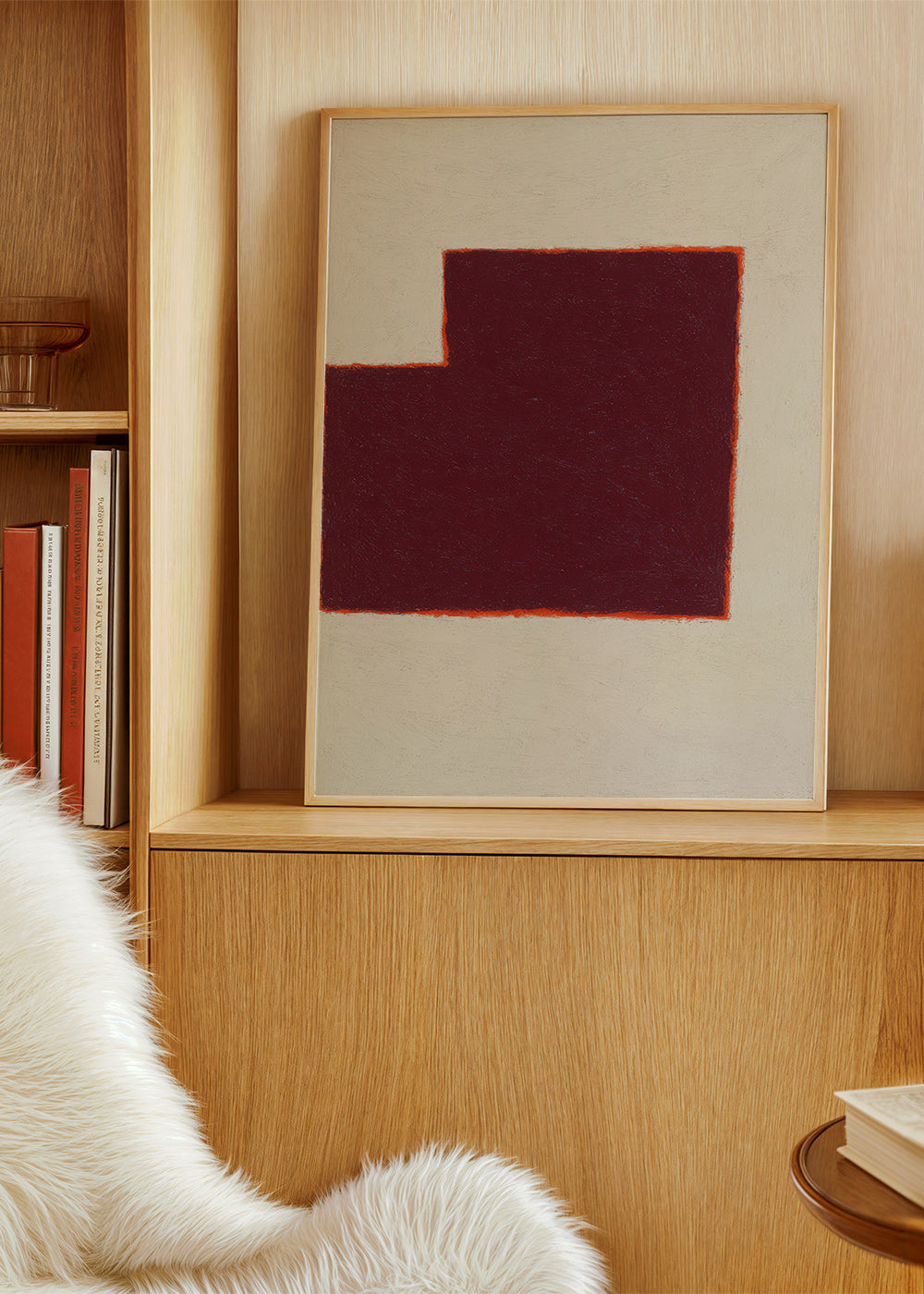 Cuadro abstracto burdeos con bloque geométrico – Product2