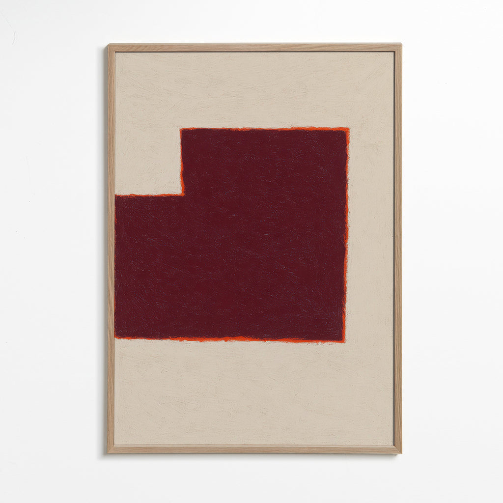 Cuadro abstracto burdeos con bloque geométrico – Oak Frame