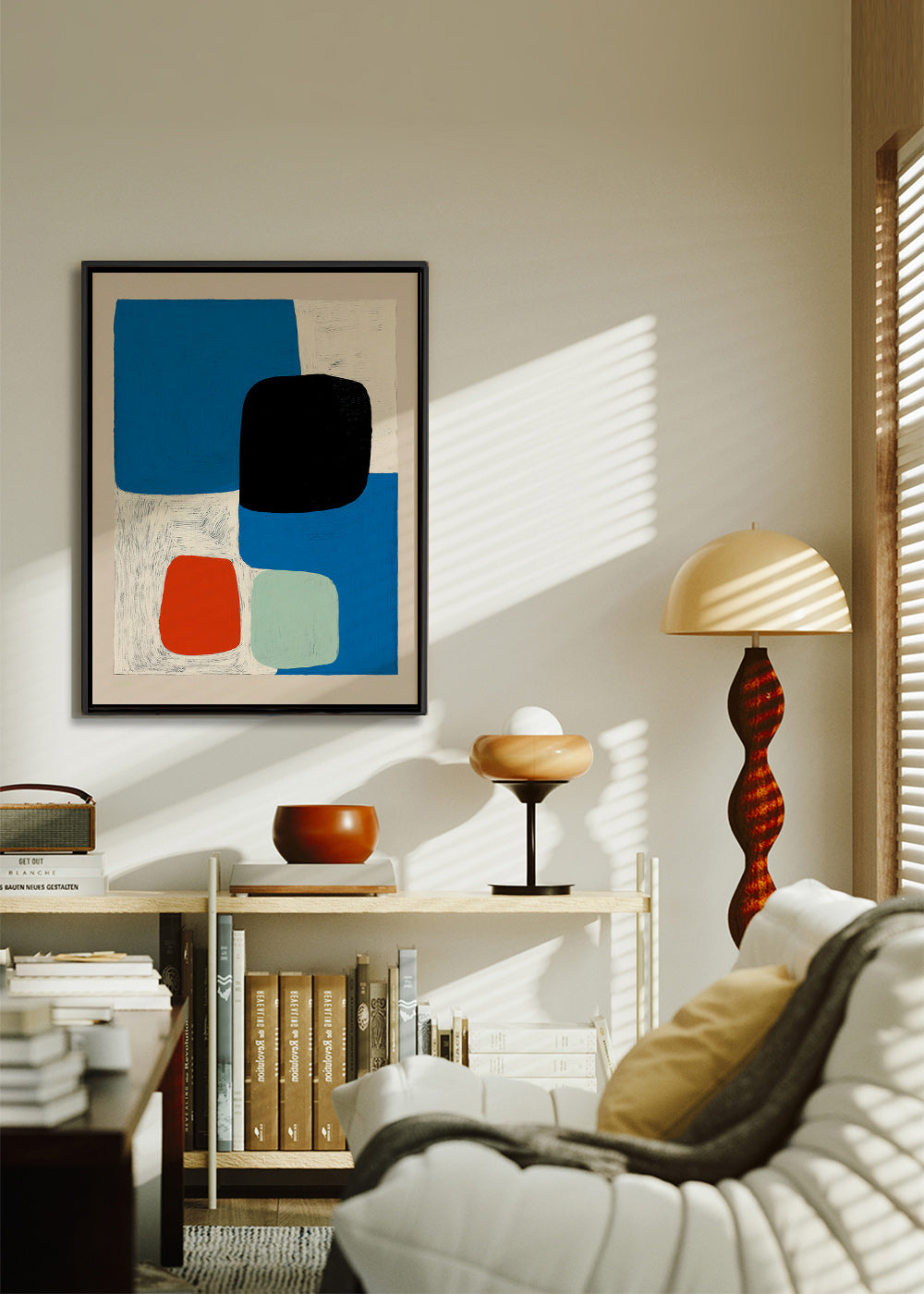 Cuadro abstracto con formas azules y bloque negro – Canvas1