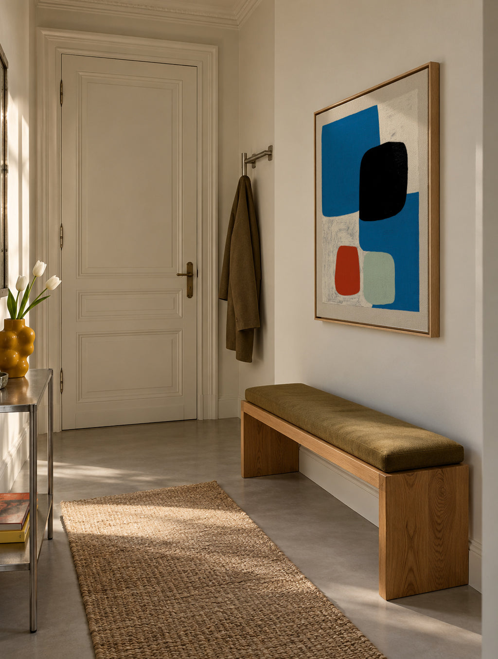 Blue & Ochre Fragment - Framed canvas in an interior