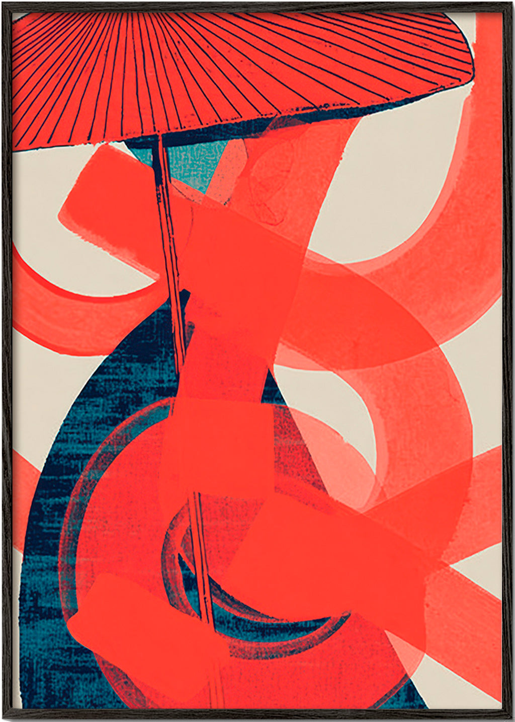 Cuadro abstracto con remolinos rojos y gesto vertical – Black Frame