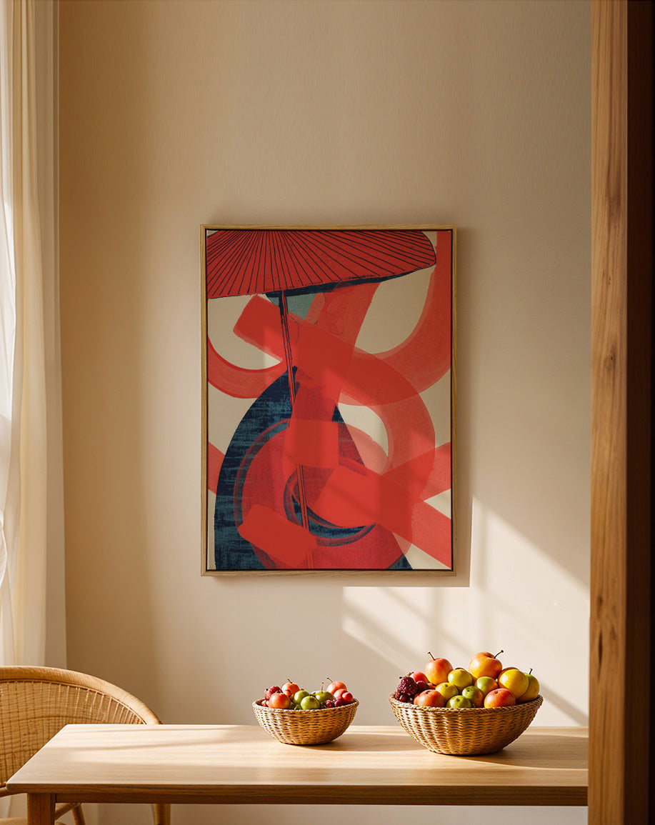Red Swirl Energy - Framed canvas in an interior