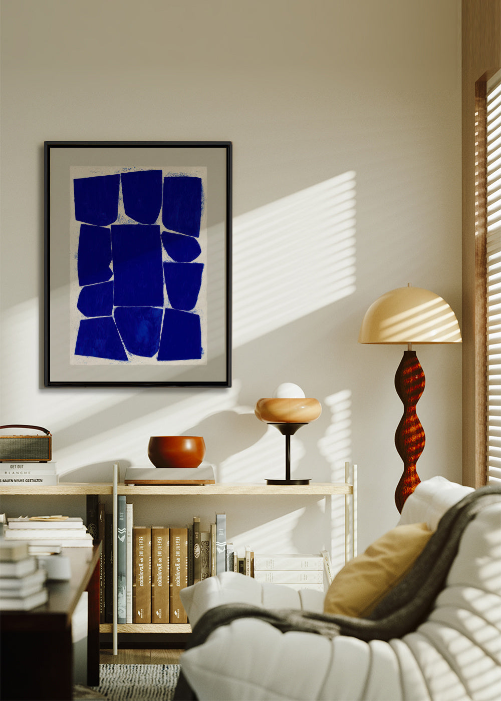 Indigo Mosaic II - Framed canvas in an interior