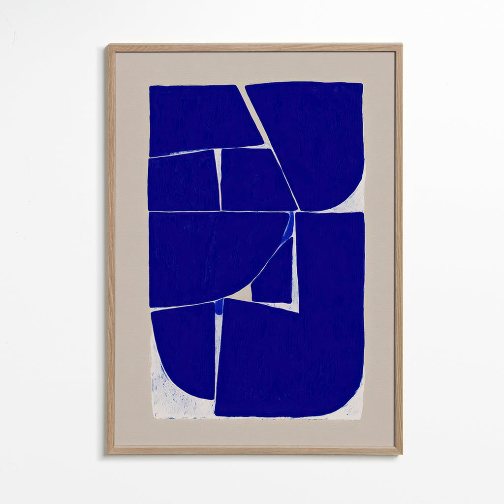 Cuadro abstracto con bloques azules orgánicos – Oak Frame