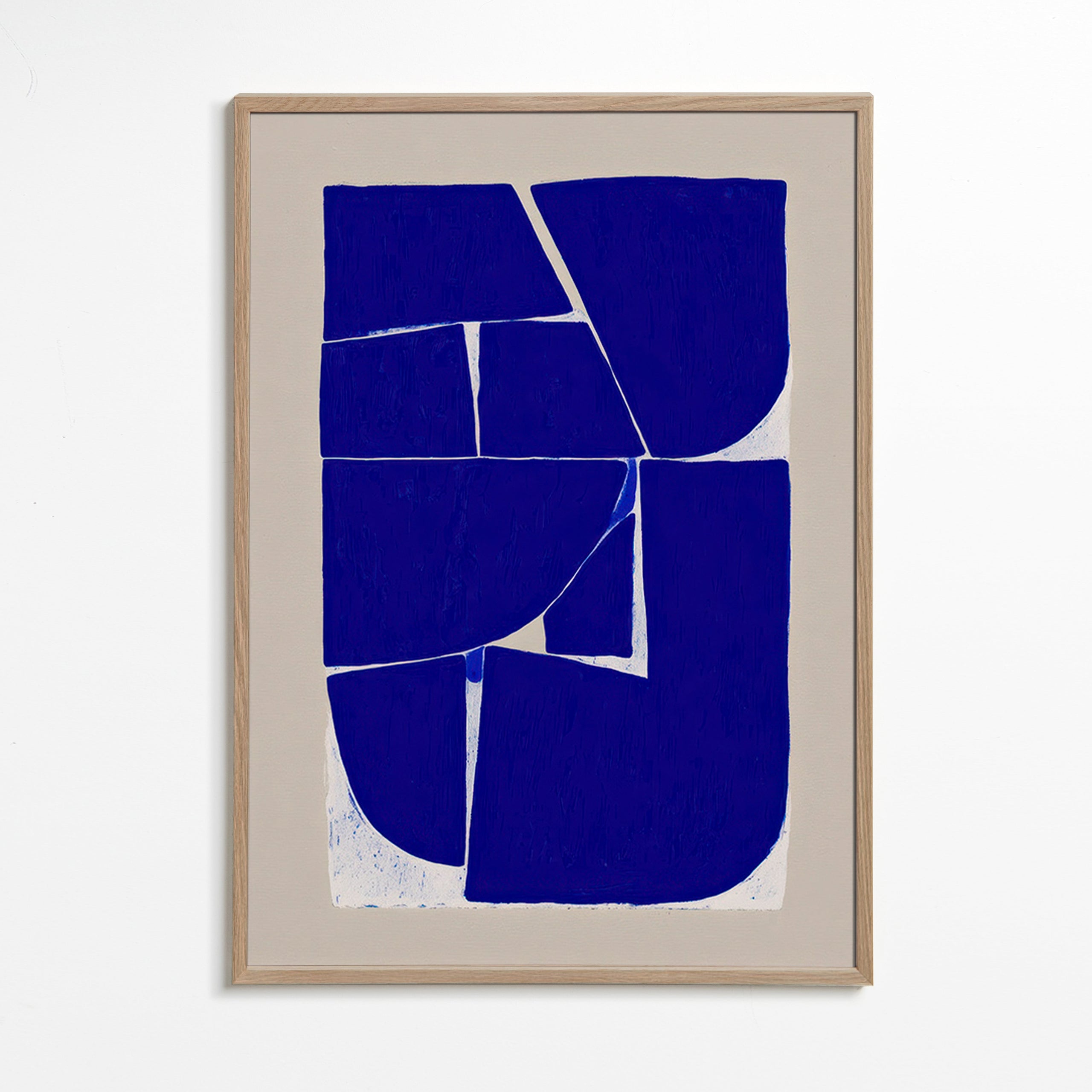 Cuadro abstracto con bloques azules orgánicos – Oak Frame