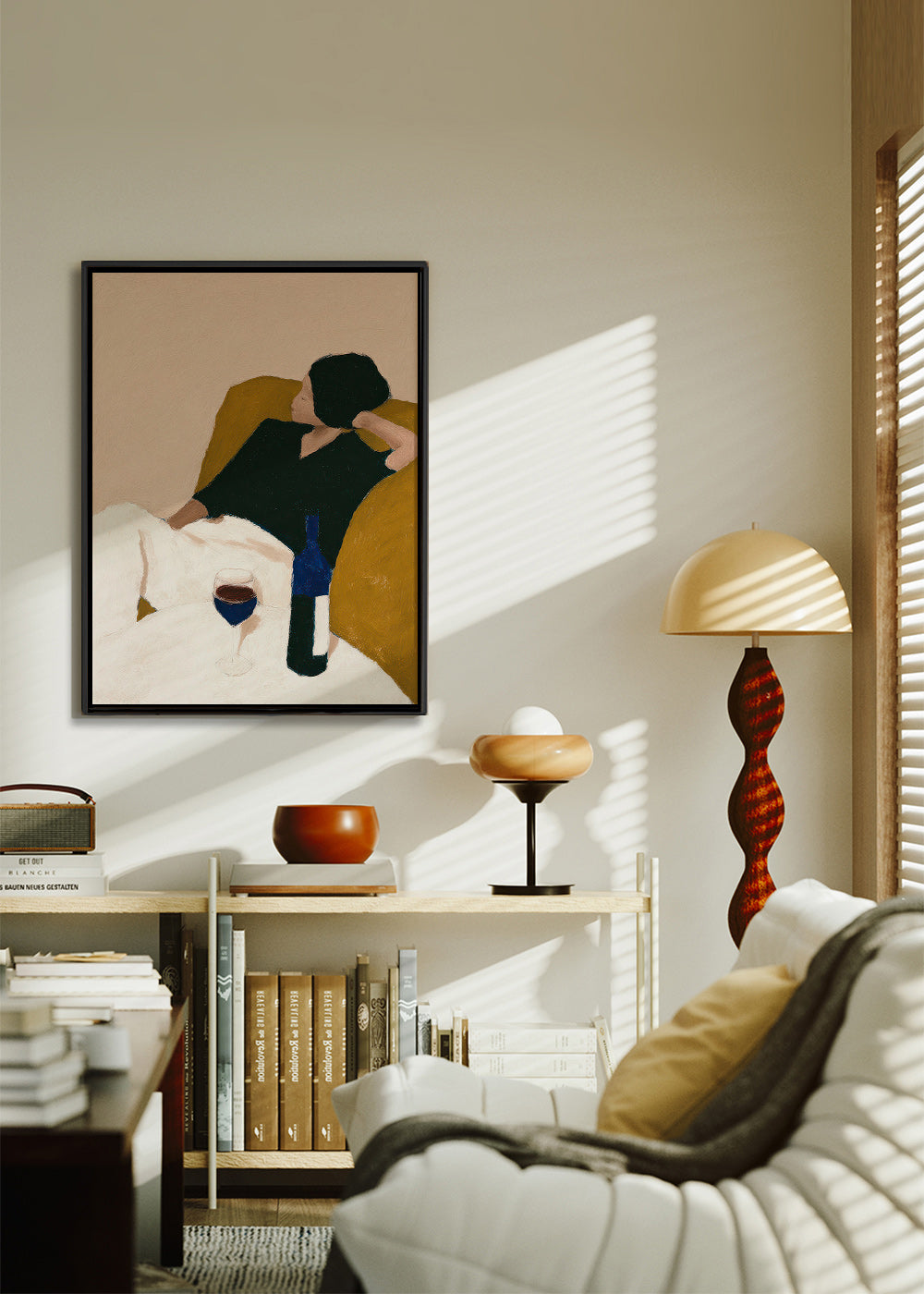 Cuadro de cocina con vino y sillón mostaza – Canvas2