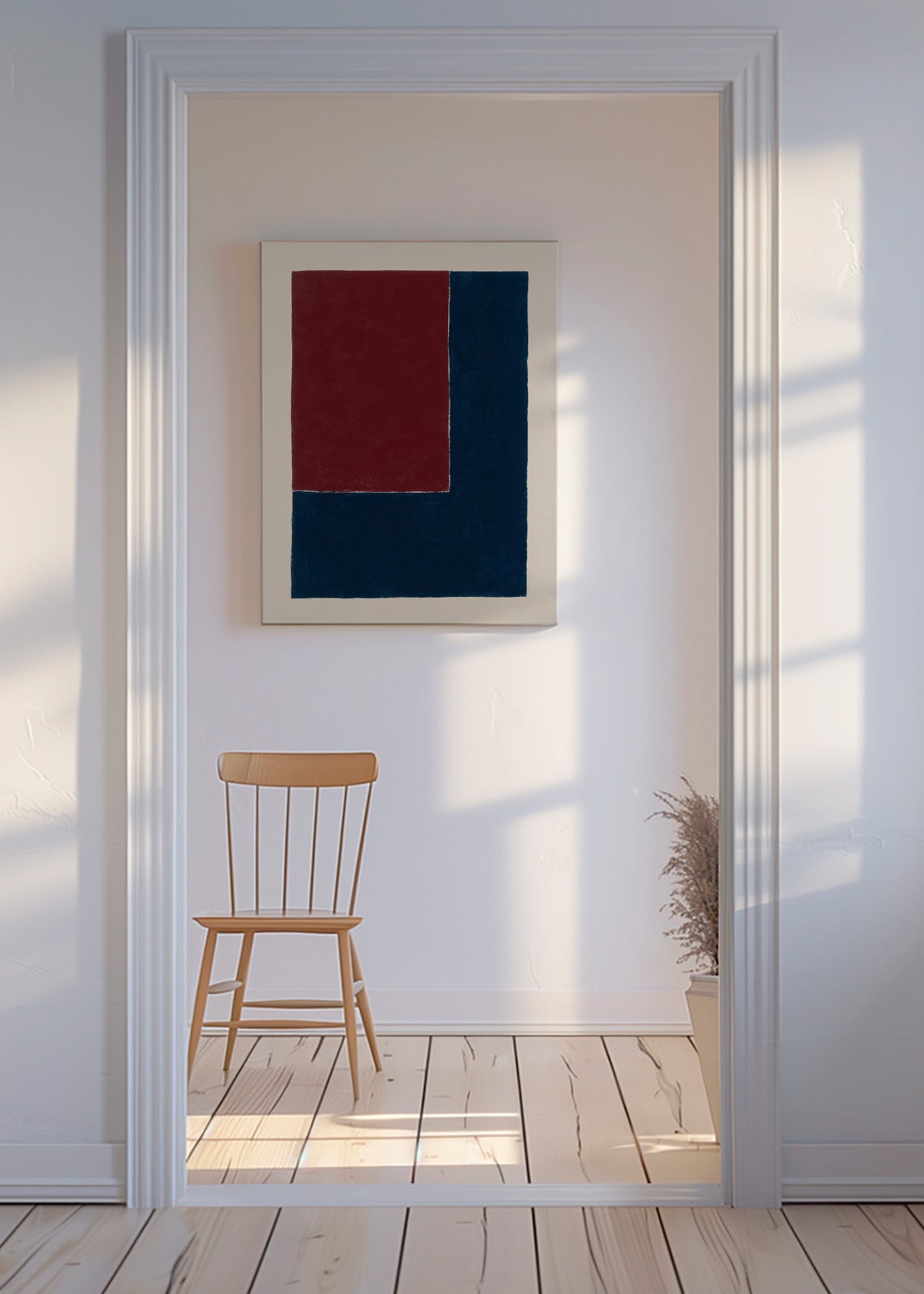 Cuadro geométrico con bloques burdeos y azul – Canvas