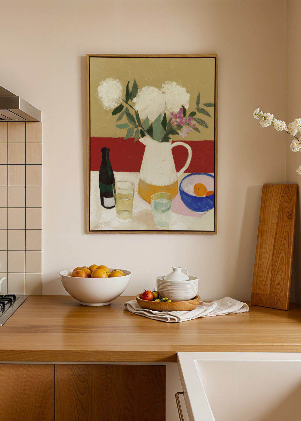 White Flowers & Pitcher II - Framed canvas in an interior
