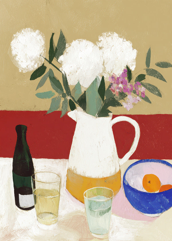 Lámina botánica con jarrón y flores blancas