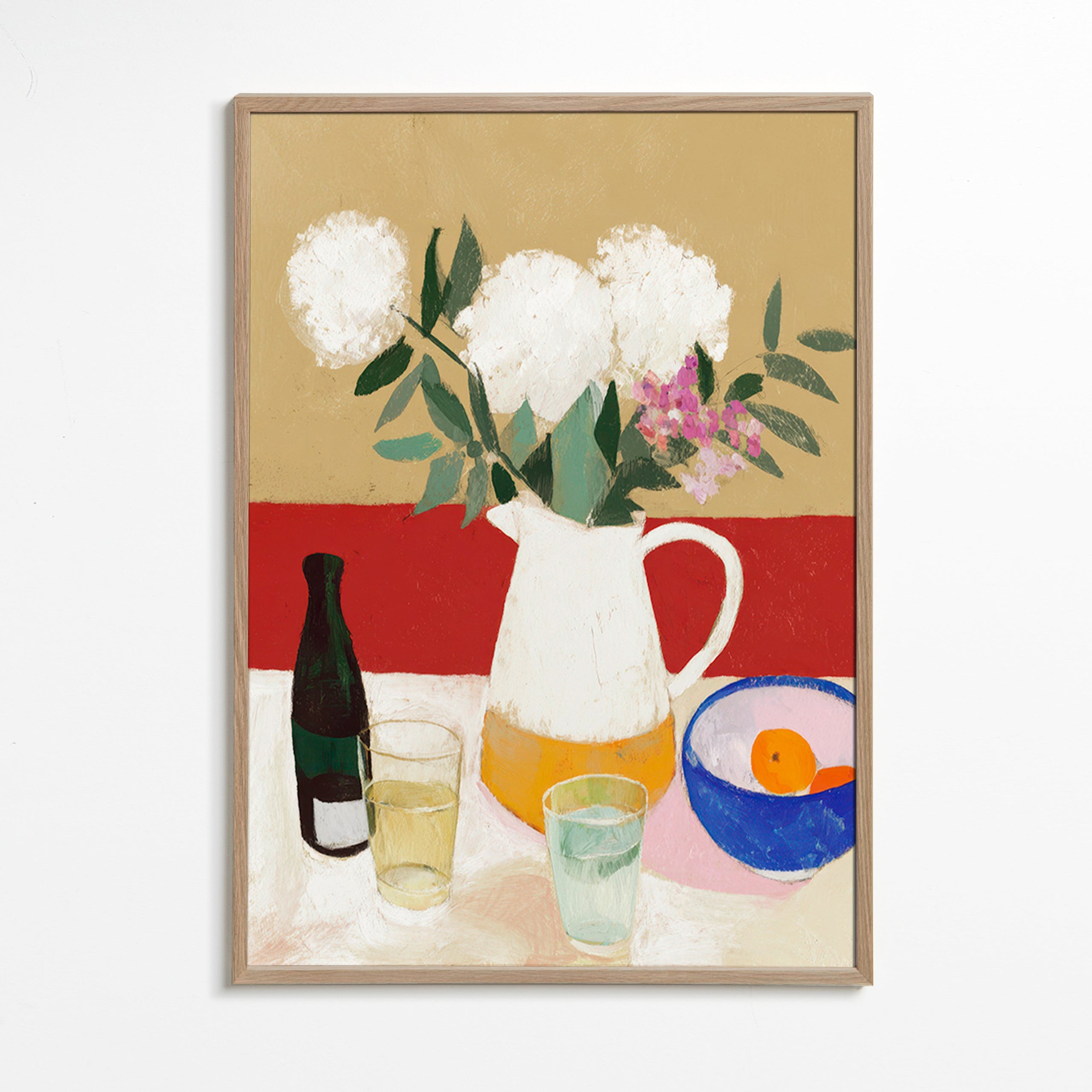 Lámina botánica con jarrón y flores blancas – Oak Frame