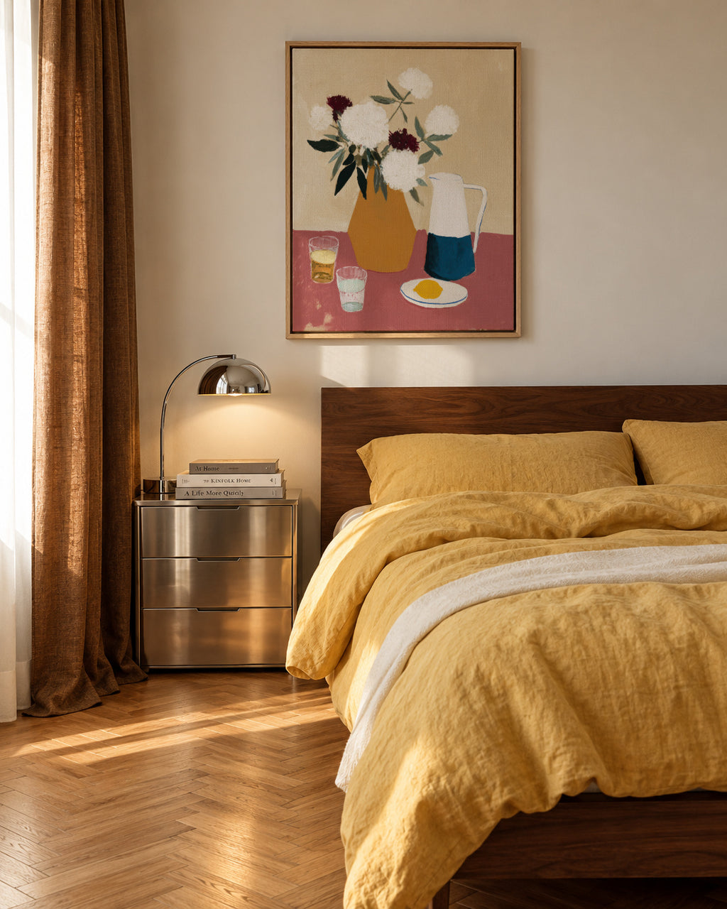 White Flowers & Pitcher III - Framed canvas in an interior