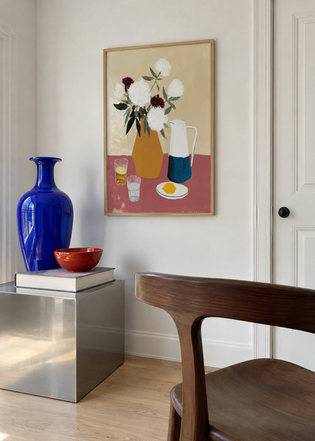 White Flowers & Pitcher III - Framed poster in an interior