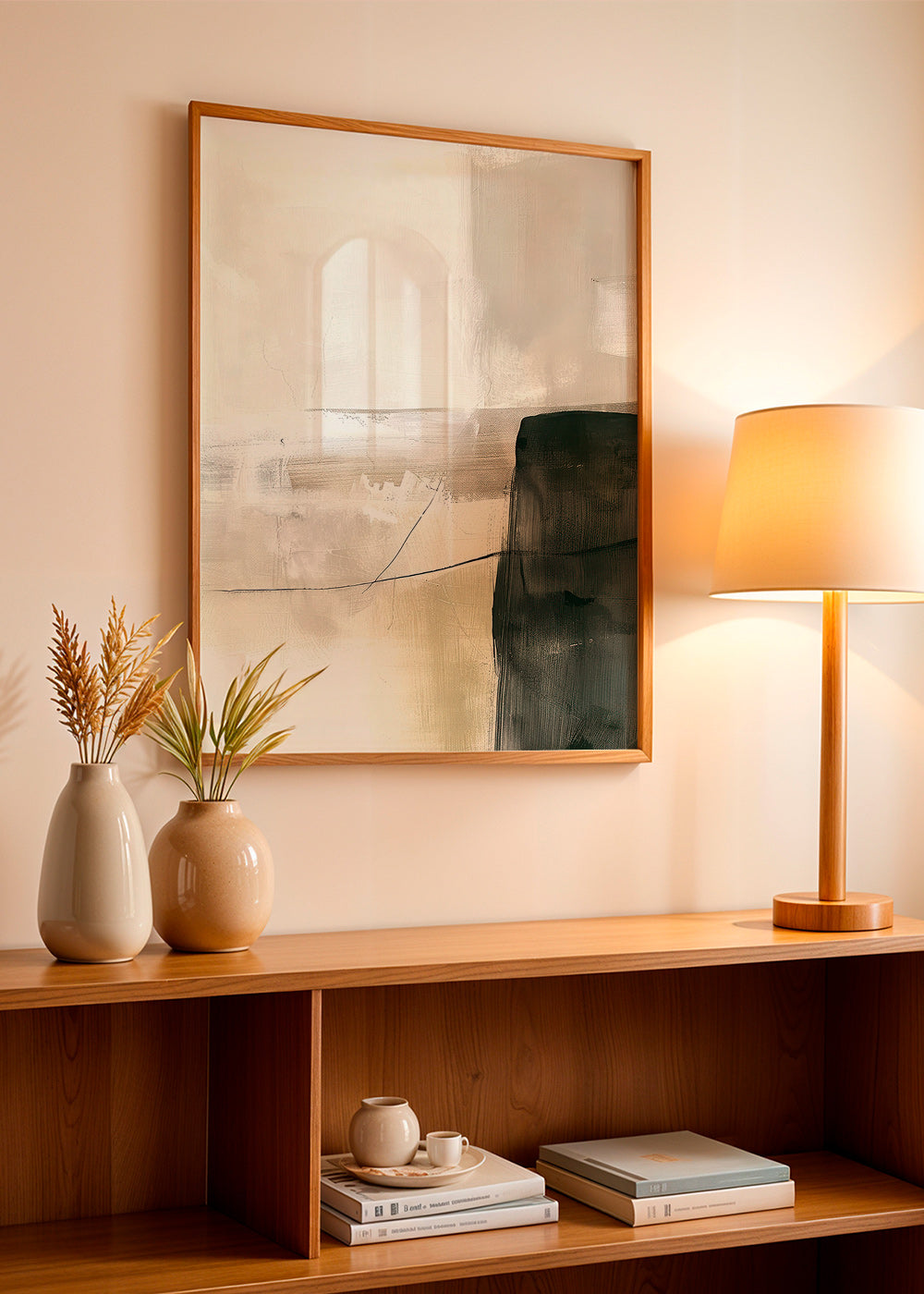 Cuadro abstracto con bloque oscuro y trazos suaves – Product2