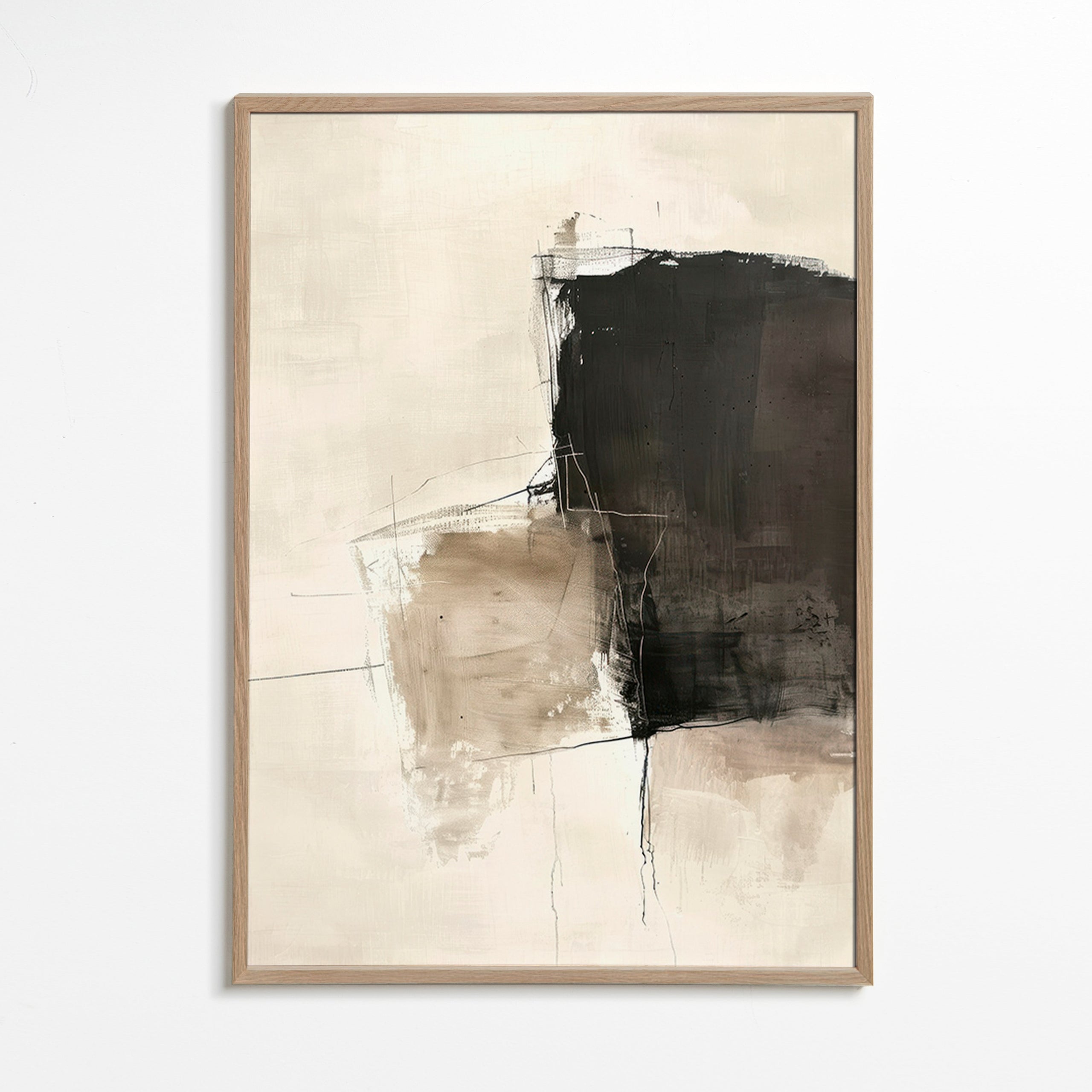 Cuadro abstracto con contraste oscuro y arenas – Oak Frame