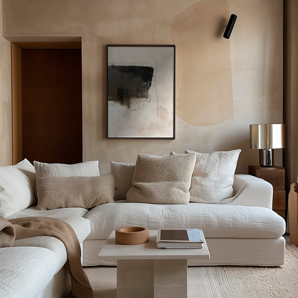 Cuadro abstracto con trazo oscuro sobre fondo beige – Canvas2