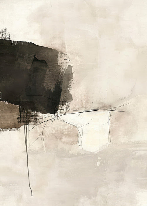 Cuadro abstracto con mancha negra y líneas sutiles