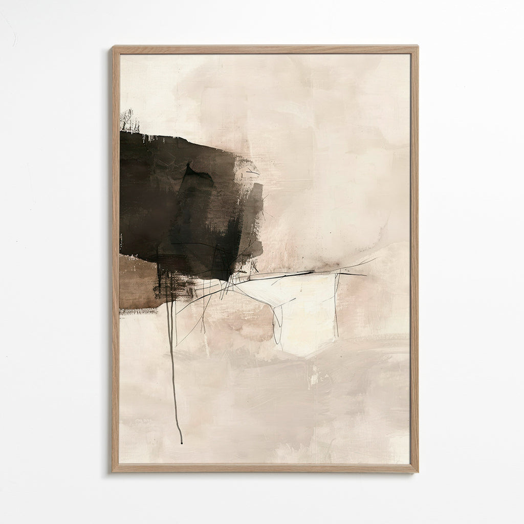 Cuadro abstracto con mancha negra y líneas sutiles – Oak Frame