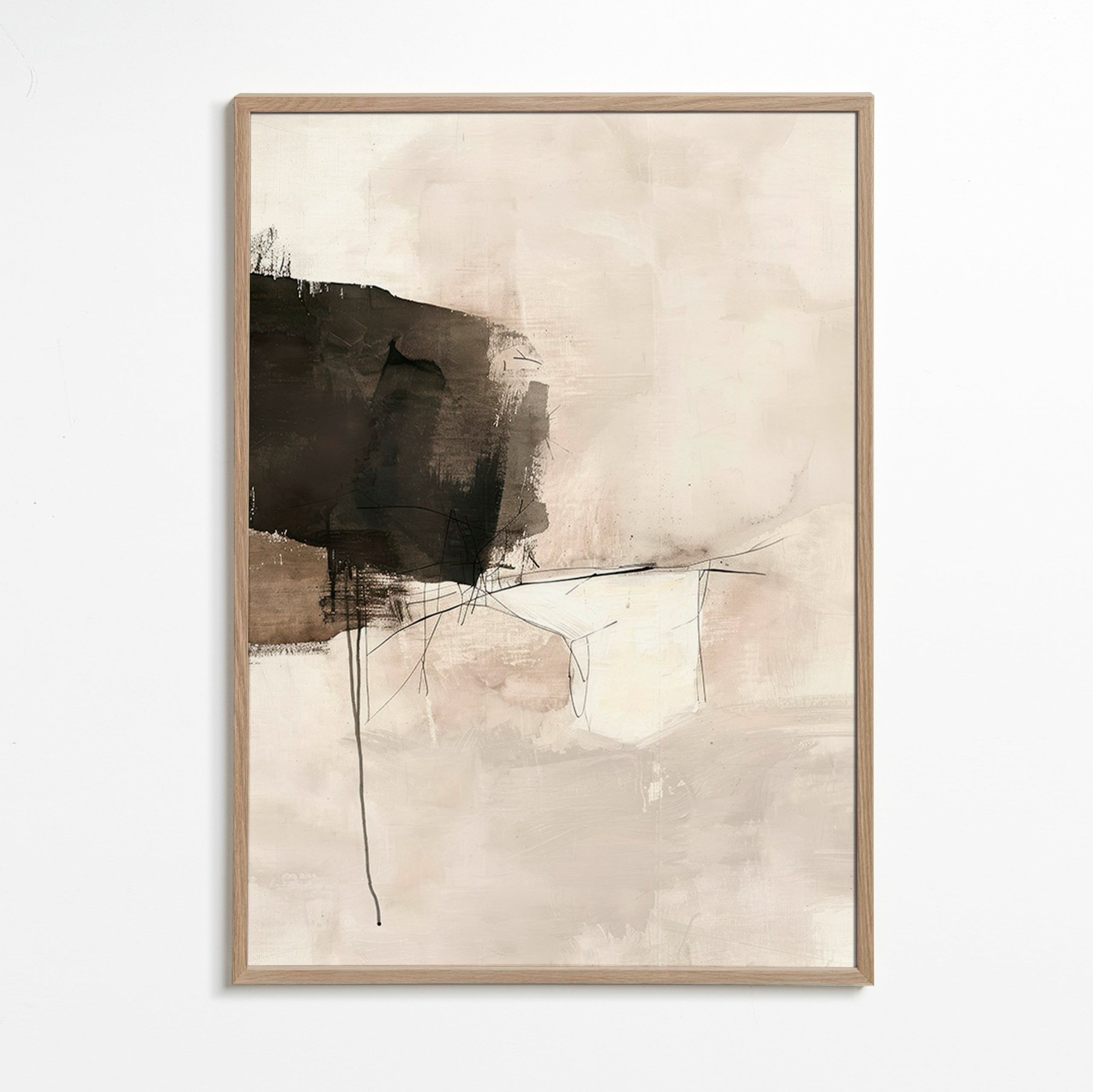 Cuadro abstracto con mancha negra y líneas sutiles – Oak Frame