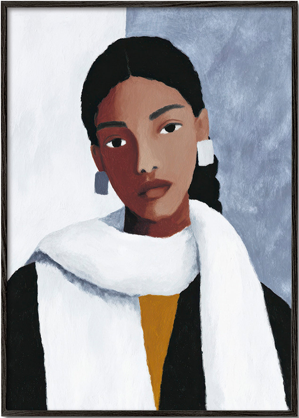 Ilustración de retrato femenino con bufanda blanca – Black Frame