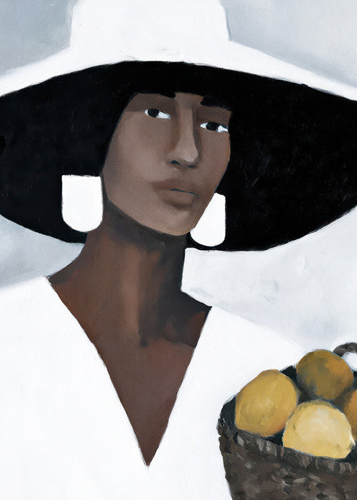 Cuadro de cocina: mujer con sombrero y limones