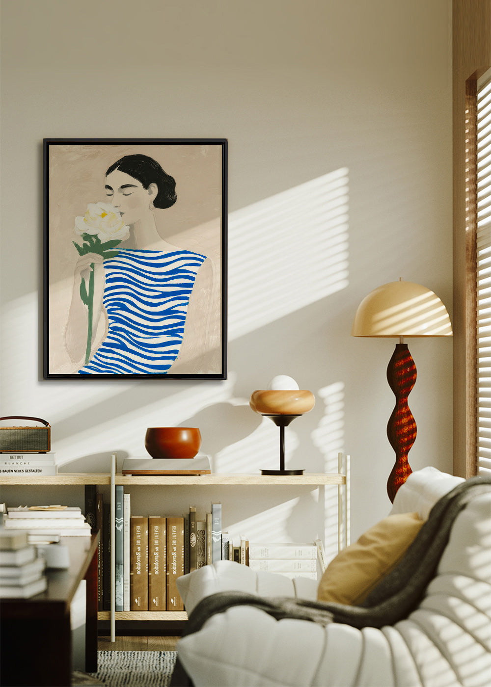 Lámina botánica: mujer con flor y rayas azules – Canvas1