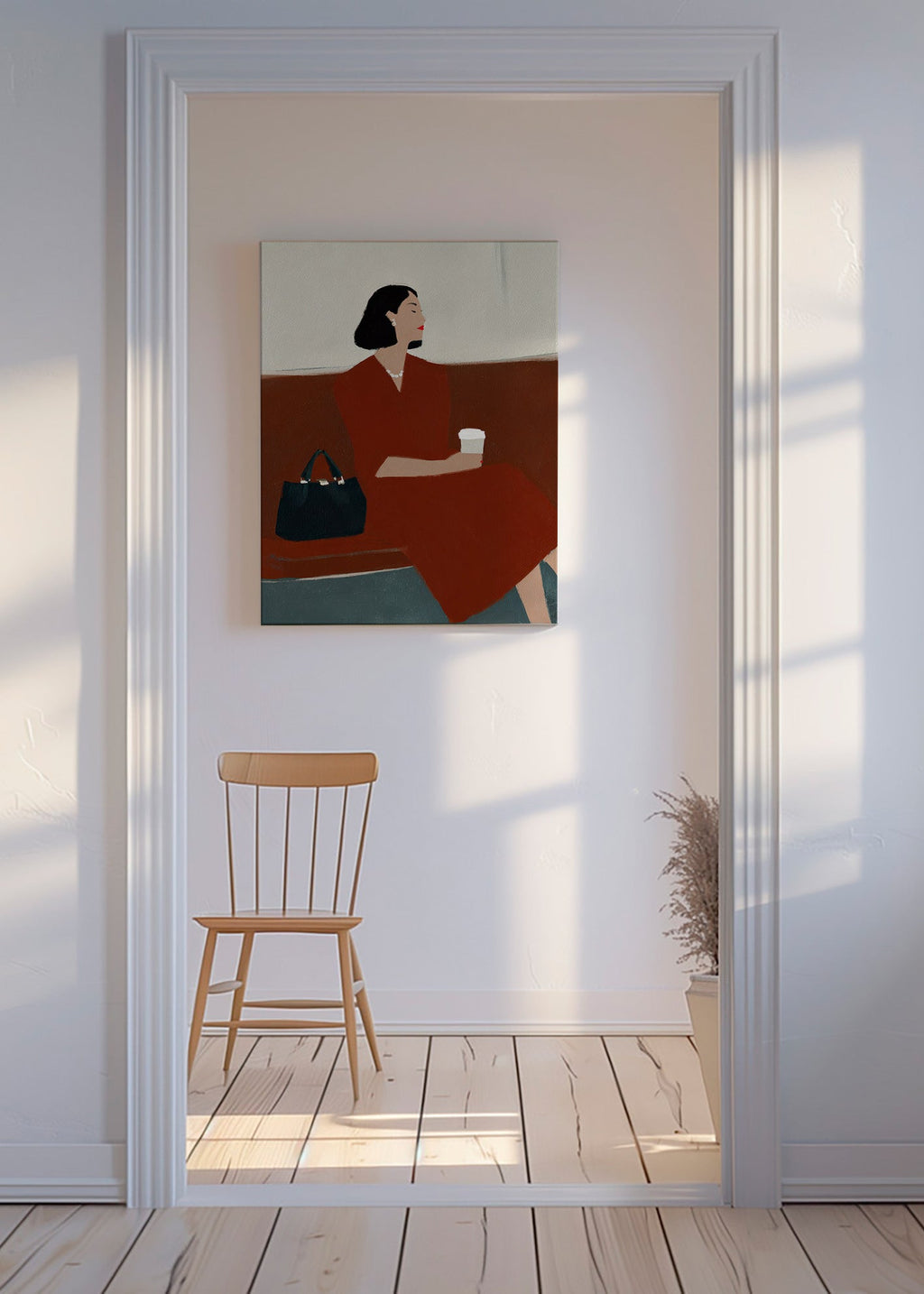 Cuadro de cocina: mujer con café y bolso – Canvas