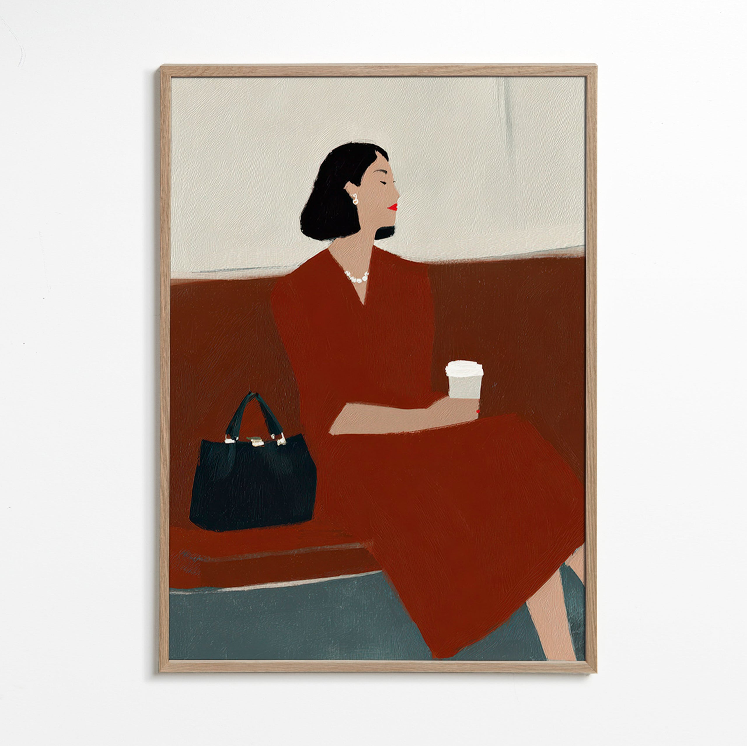 Cuadro de cocina: mujer con café y bolso – Oak Frame