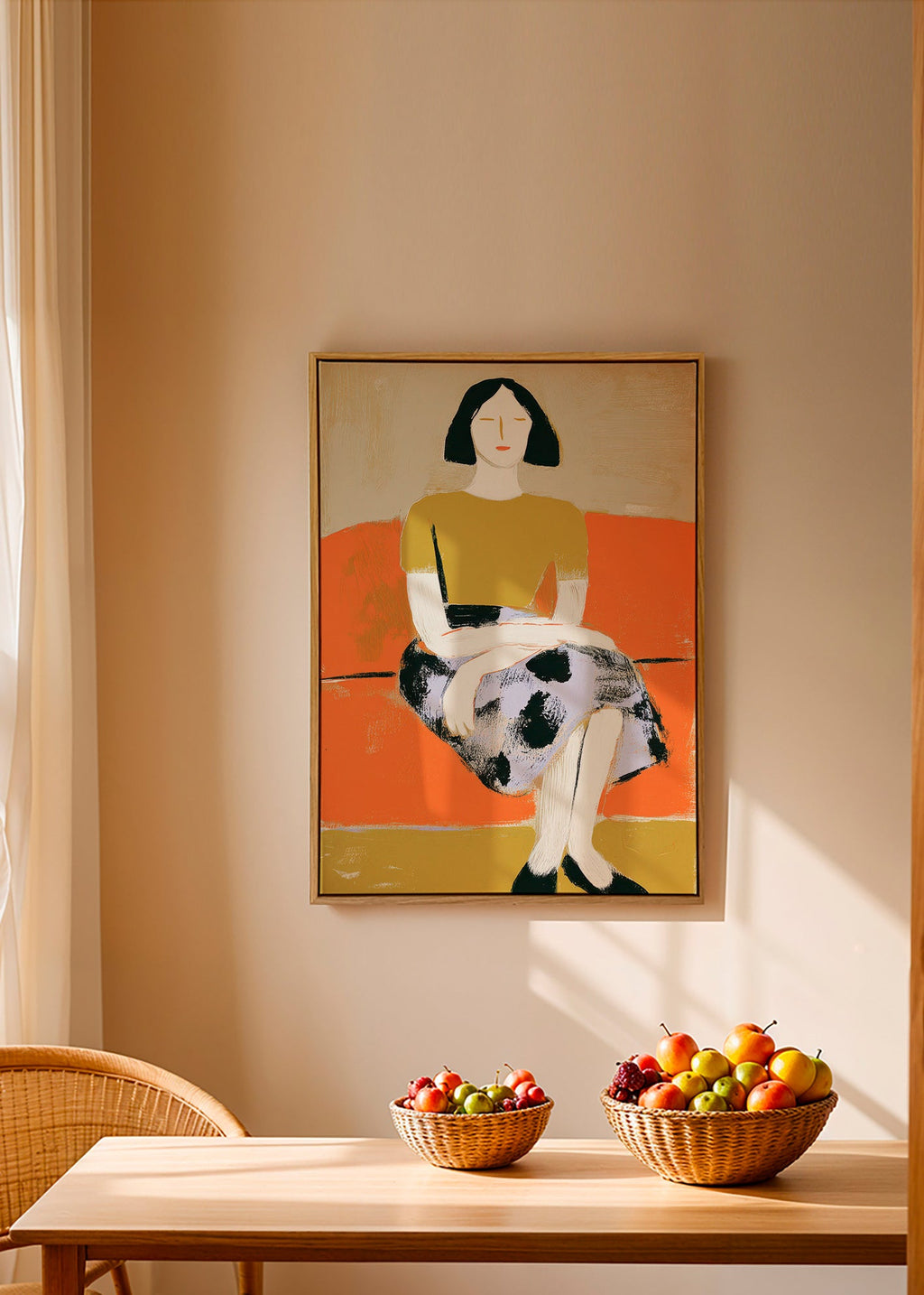 Ilustración femenina sobre sofá naranja – Canvas2