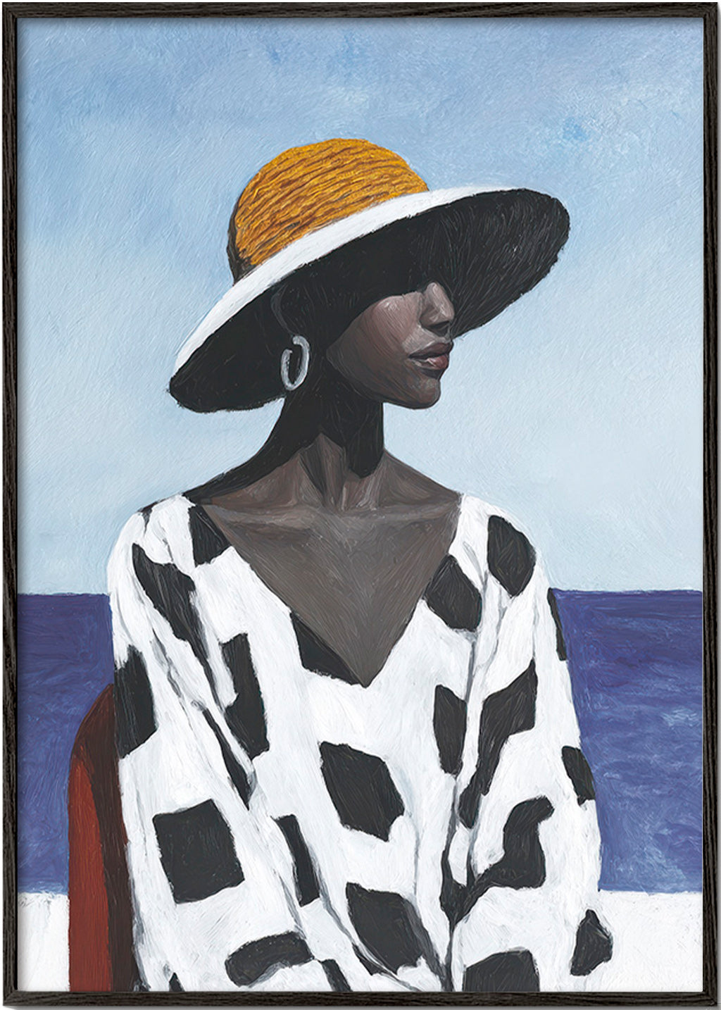 Cuadro retrato femenino con sombrero y mar – Black Frame