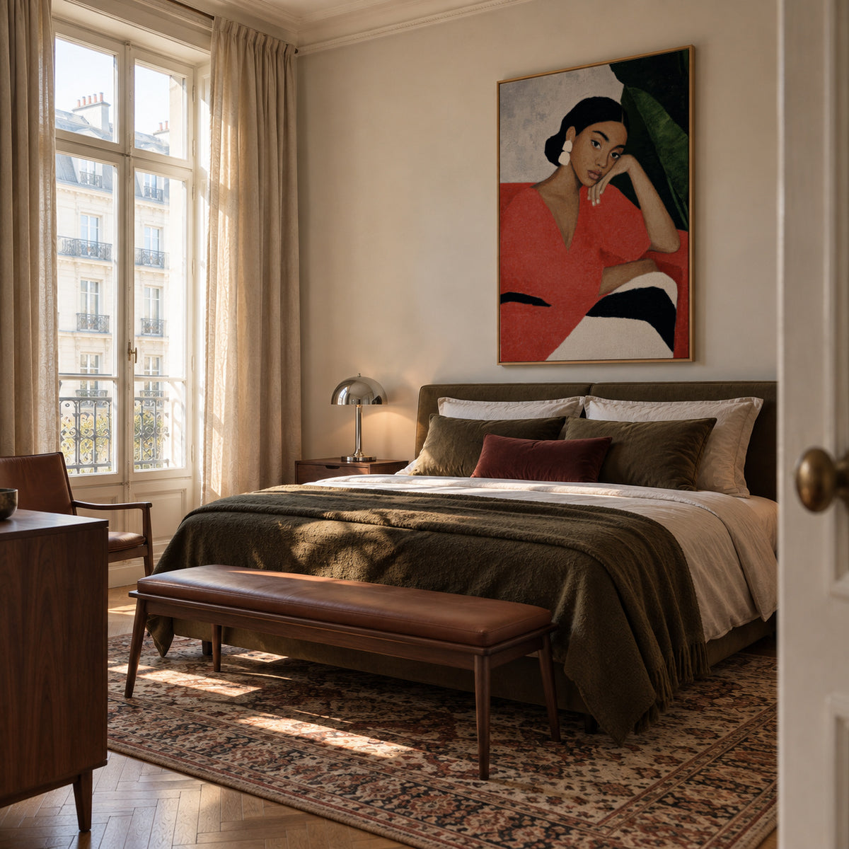 Red Dress Reflection - Framed canvas in an interior