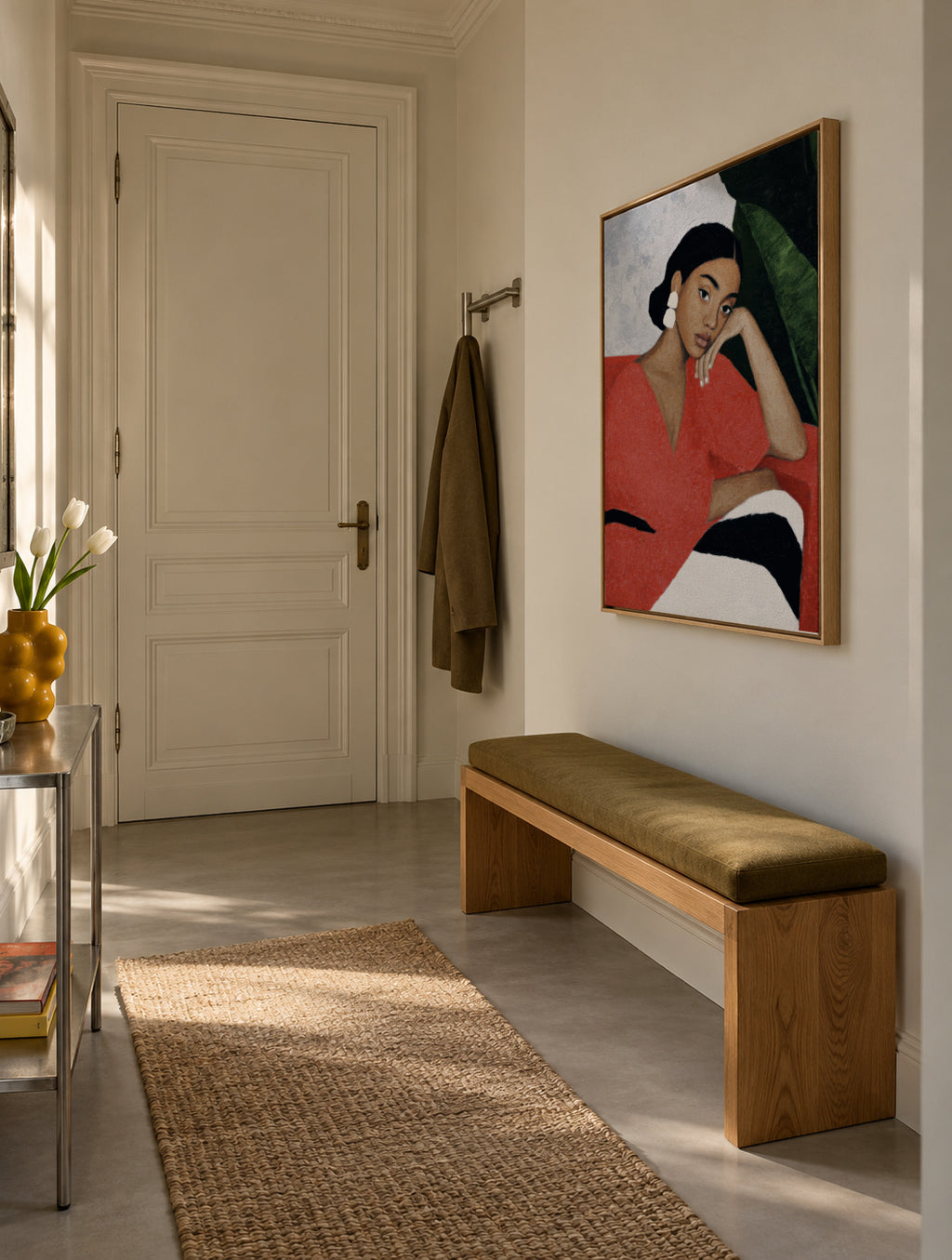 Red Dress Reflection - Framed canvas in an interior