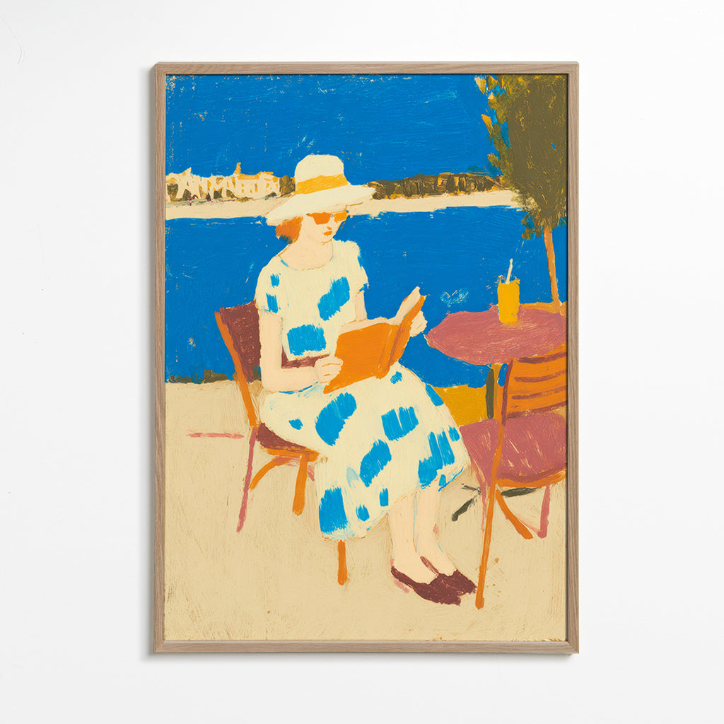 Ilustración lectora en terraza marítima – Oak Frame