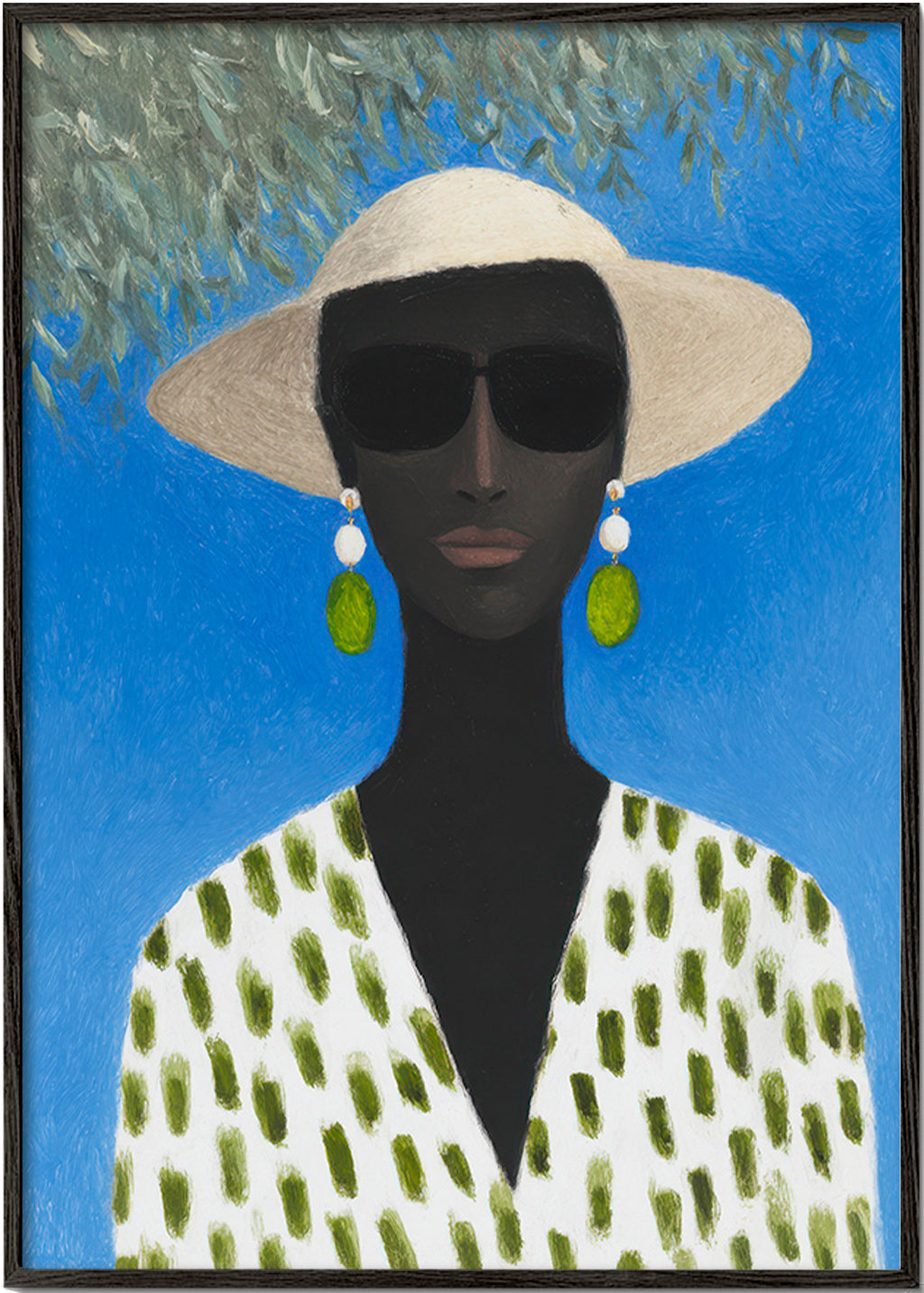 Ilustración femenina con sombrero y patrón verde – Black Frame