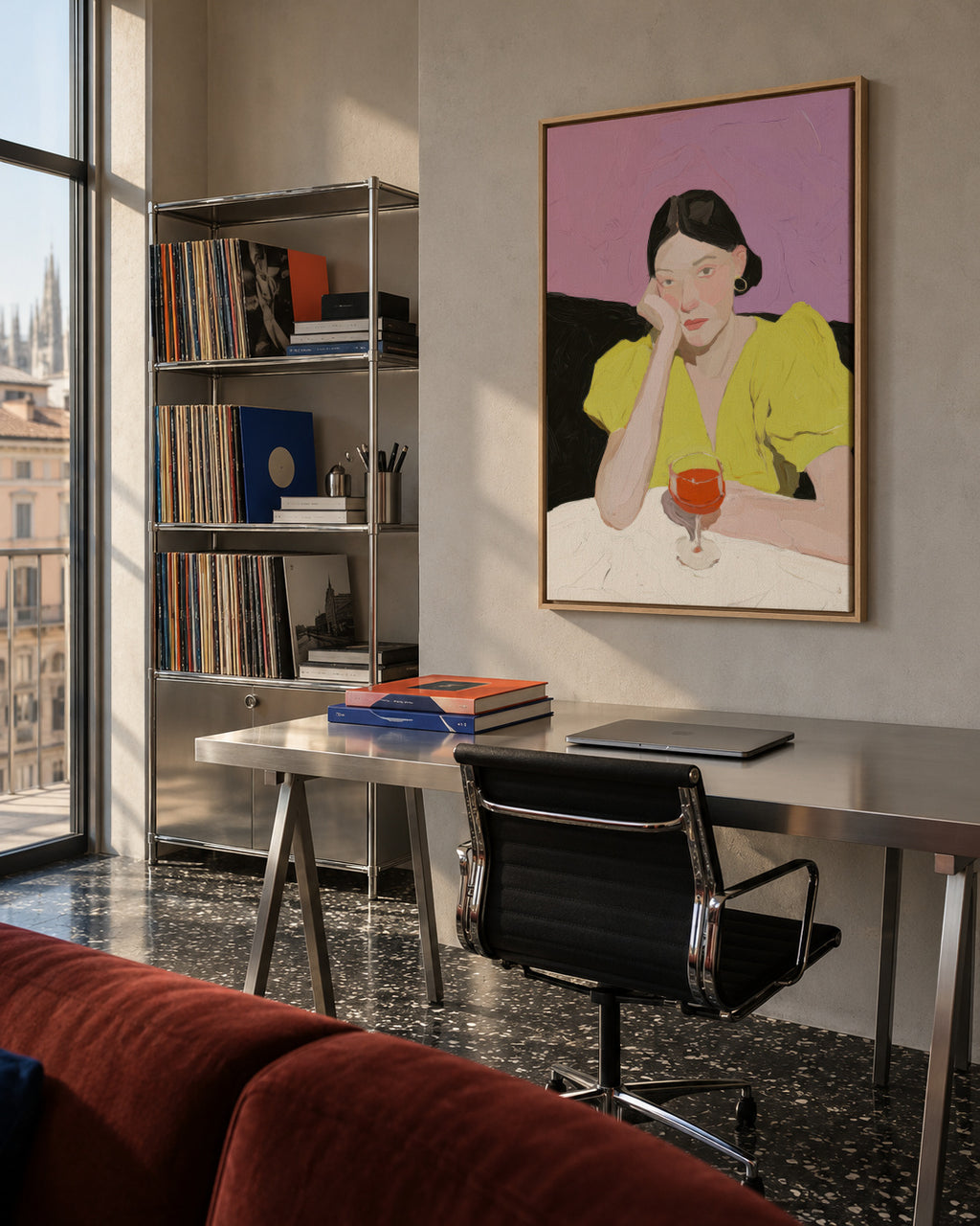 Lime Green Stillness - Framed canvas in an interior
