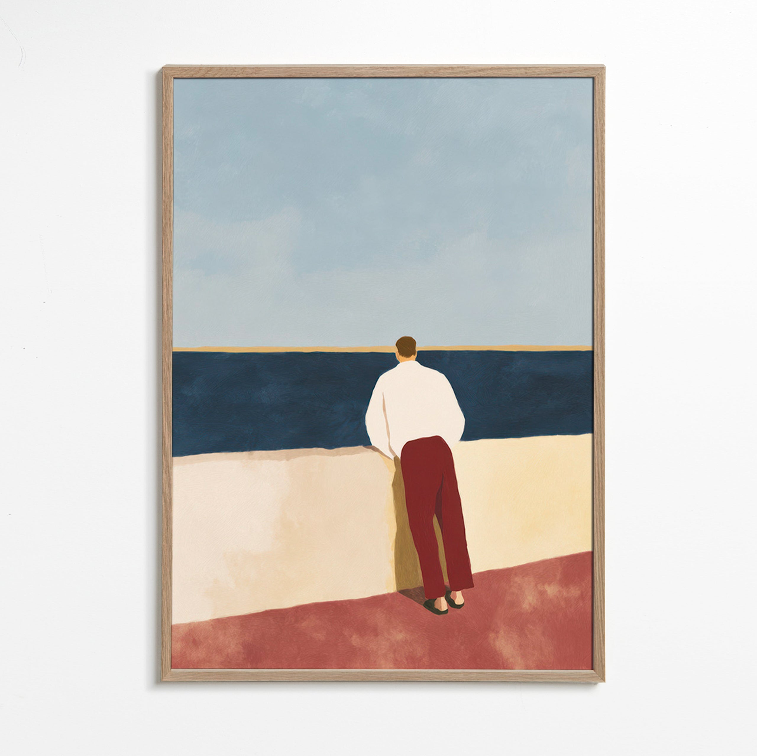 Cuadro de paisaje con figura mirando al mar – Oak Frame