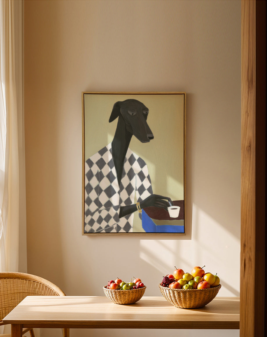 Coffee Dog II - Framed canvas in an interior