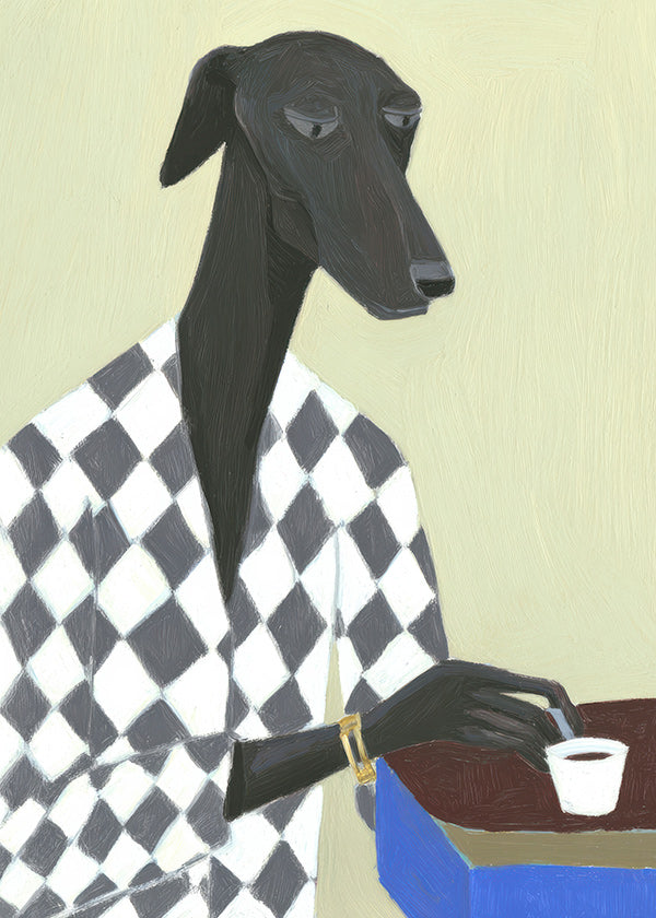 Cuadro perro elegante con taza de café