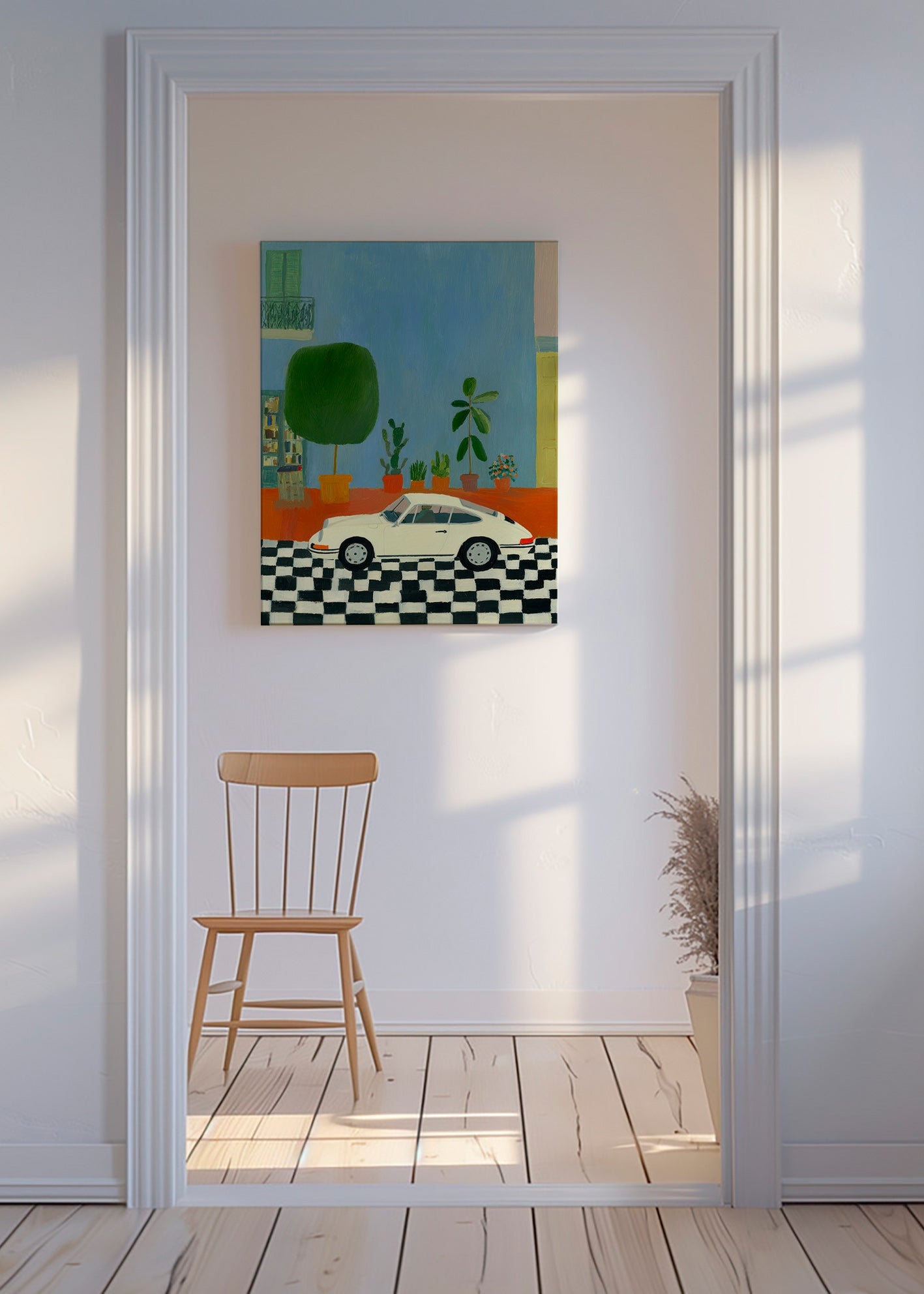 Ilustración con coche clásico y plantas de interior – Canvas