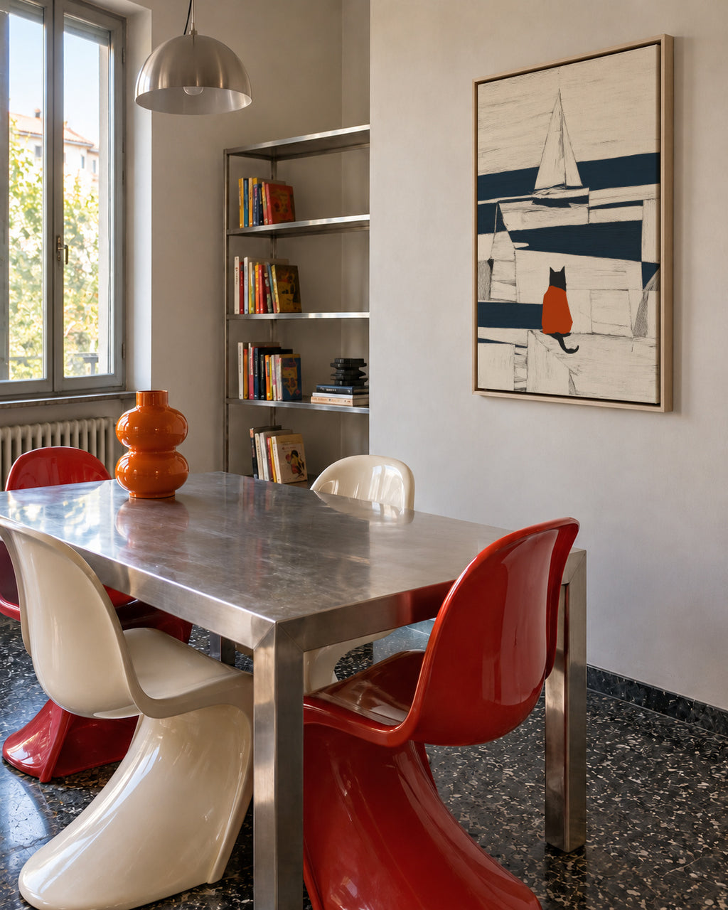 Red Cat at the Harbor - Framed canvas in an interior