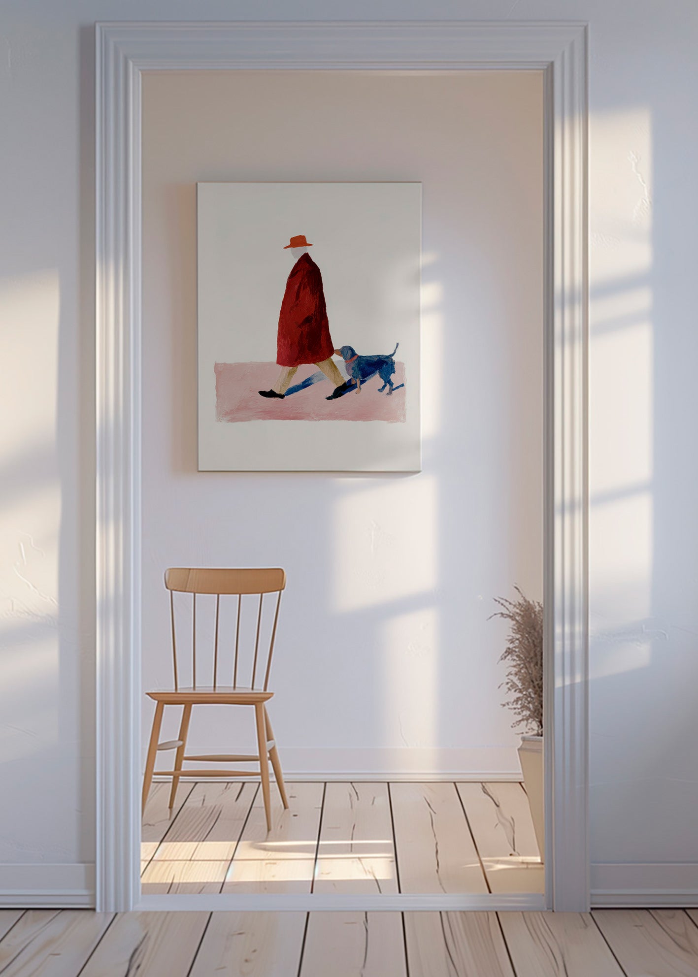 Ilustración de paseante con perro y abrigo rojo – Canvas