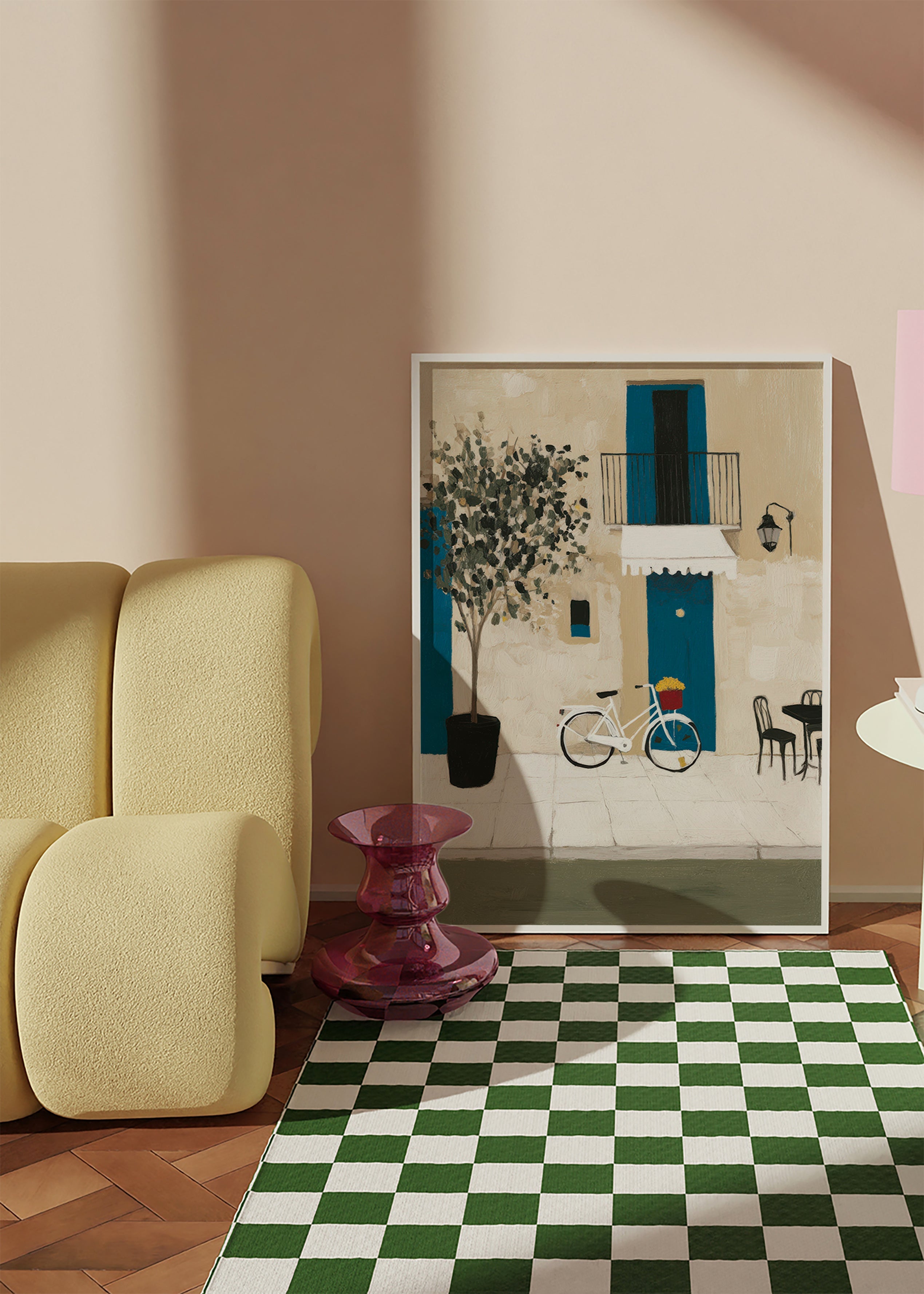 Ilustración: bicicleta junto a puerta azul – Product3