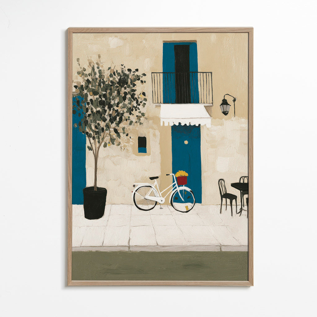 Ilustración: bicicleta junto a puerta azul – Oak Frame
